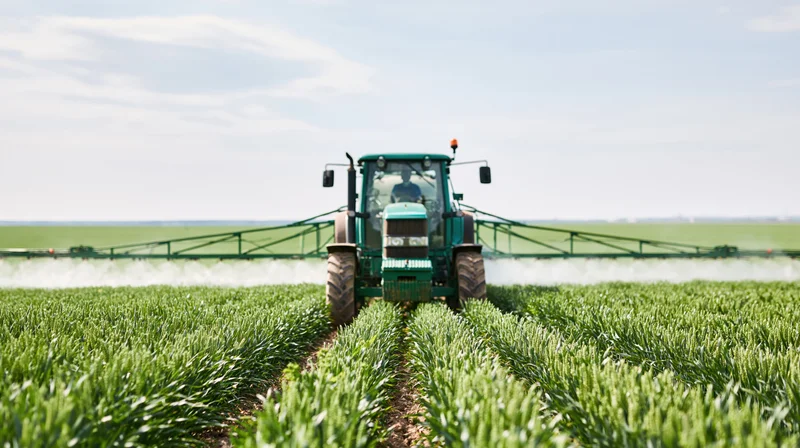 Green tractor spraying crops in a field with wide boom attachment