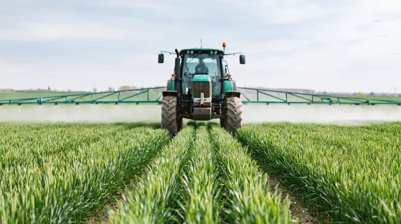 Green tractor spraying pesticide across a field of crops