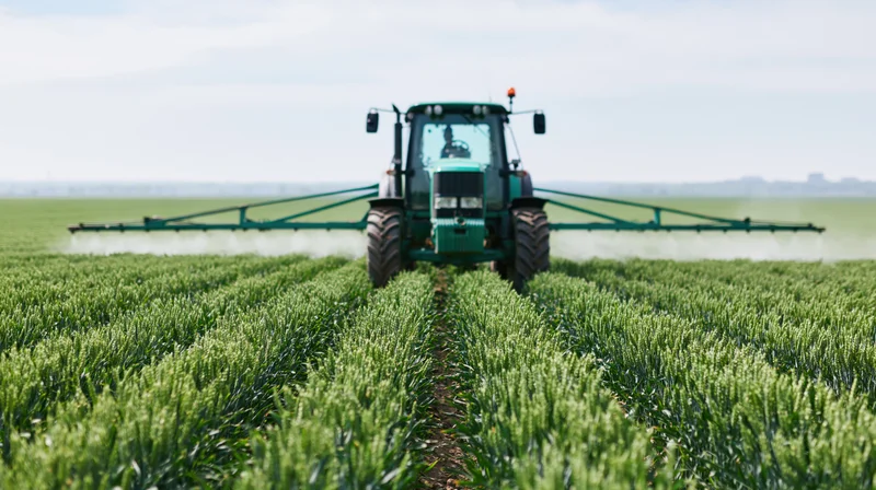 Green tractor spraying pesticide across a wheat field in rural farmland