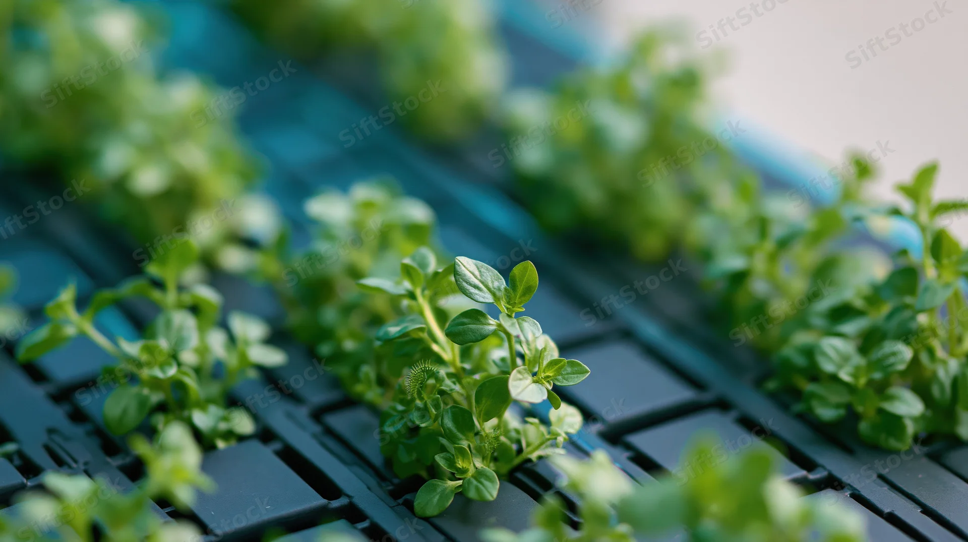 Green plants growing in a black grid panel system for indoor vertical farming