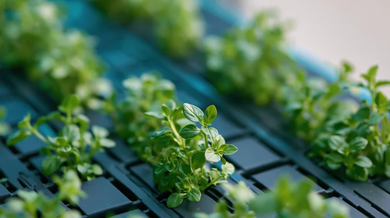 Green plants growing in a black grid panel system for indoor vertical farming