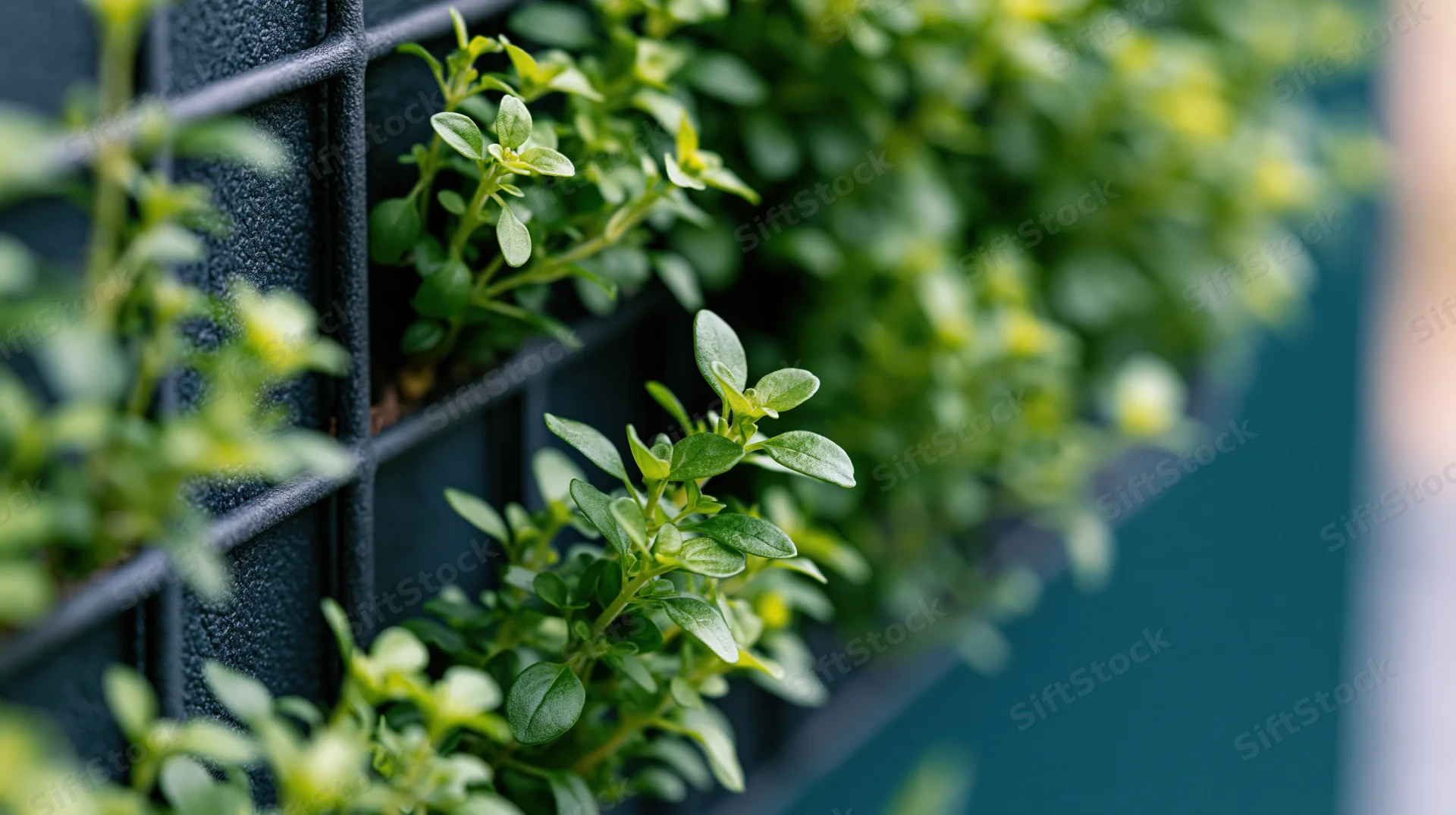 Green plants growing from a dark grid panel on a vertical wall