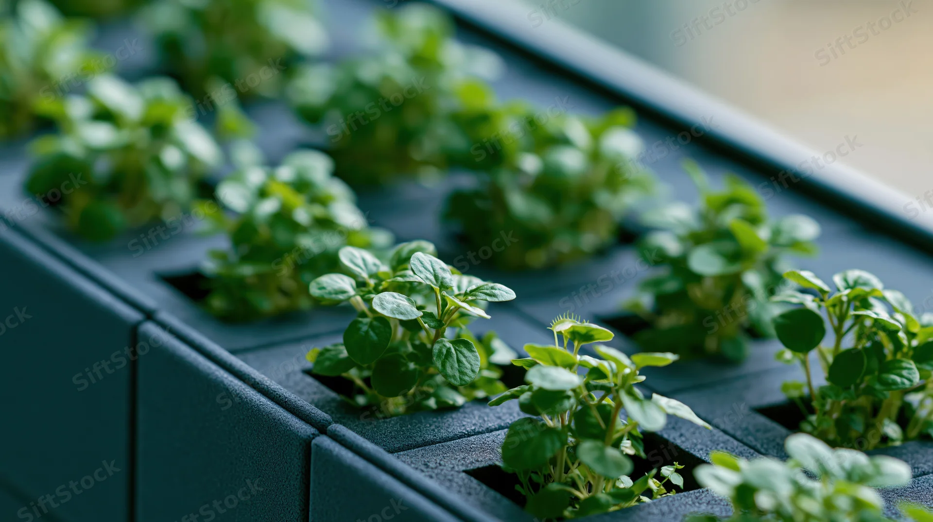 Green plants growing in a dark grid panel system for indoor vertical farming