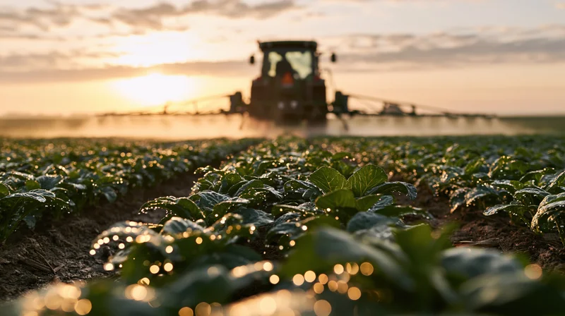 Tractor spraying crops across rows of green plants in a field at sunset
