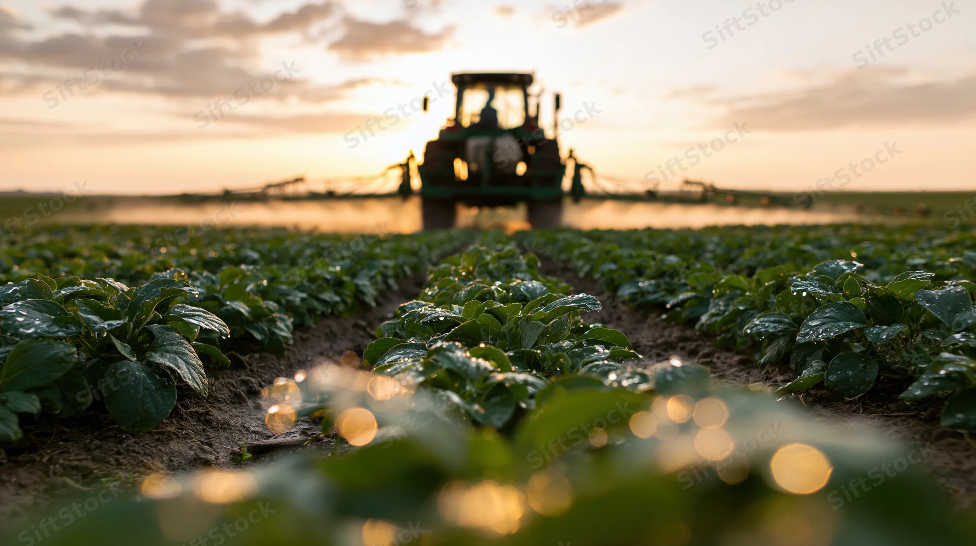 Green tractor spraying crops across long parallel rows of low plants in a field at sunset