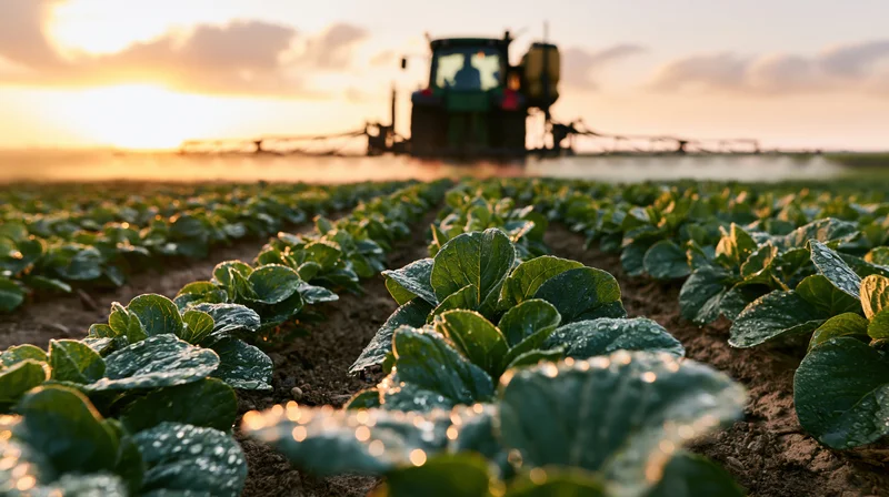 Green tractor spraying crops across long parallel rows of low-growing leafy vegetables in a field at sunset