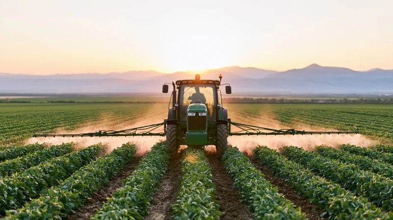 Green tractor with wide boom sprayer spraying crops in a field at sunset