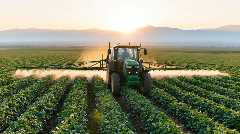 Green tractor with wide boom sprayer applying pesticide across rows of crops in a field at sunset