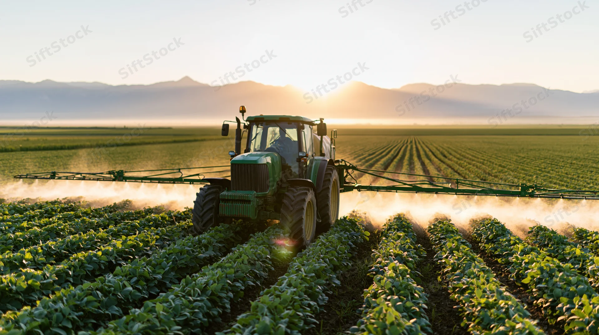 Green tractor with wide boom sprayer applying pesticide across rows of crops in a field at sunrise