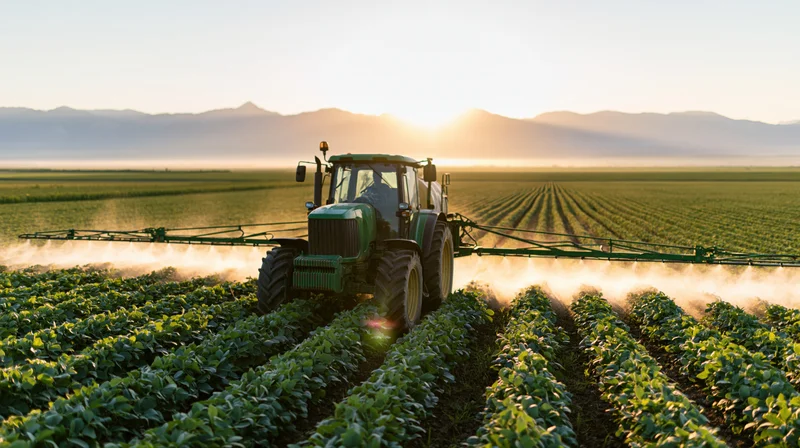 Green tractor with wide boom sprayer applying pesticide across rows of crops in a field at sunrise