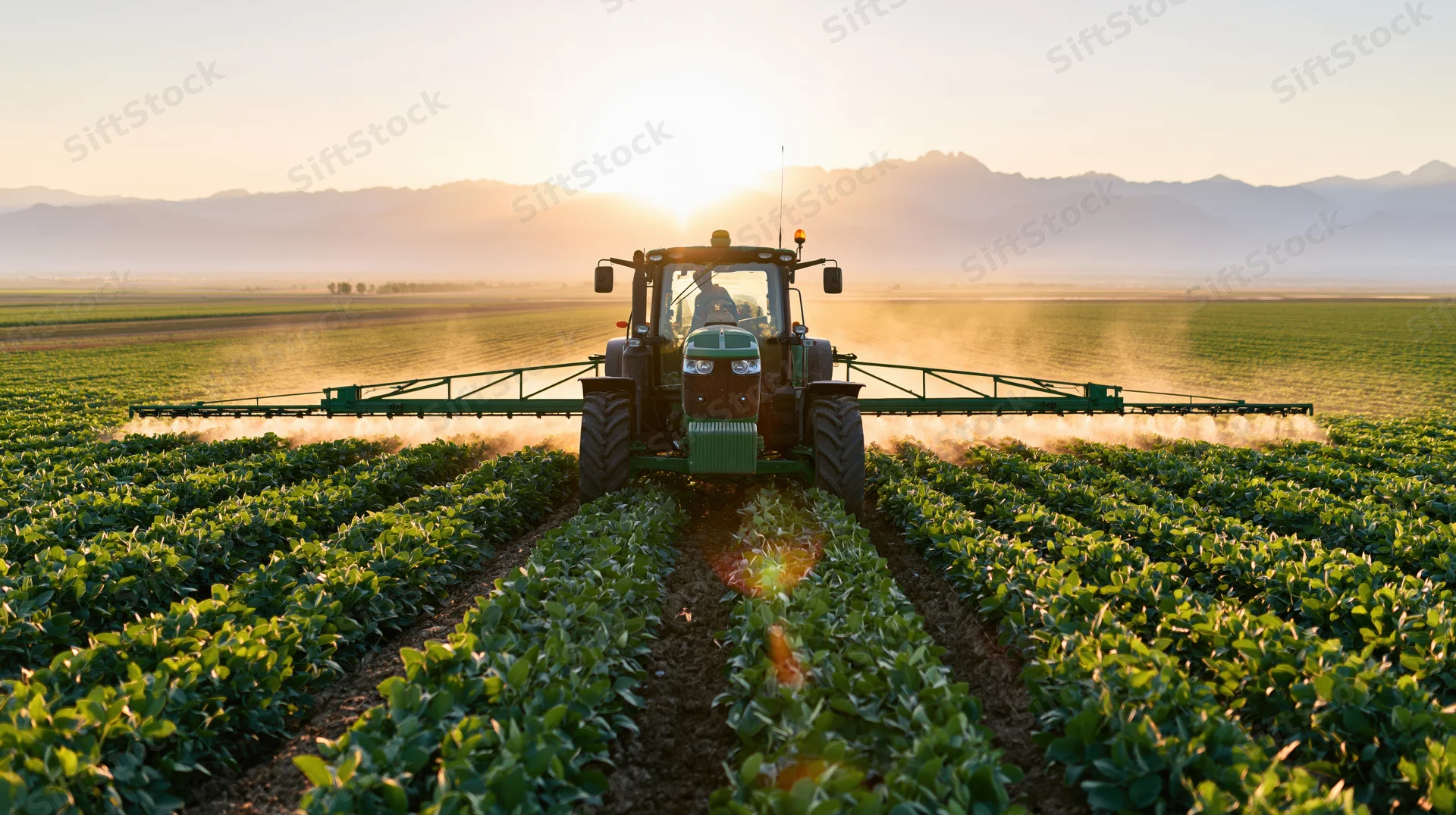 Green tractor with wide boom sprayer spraying crops in a field at sunset