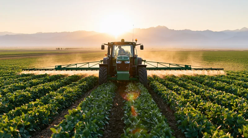 Green tractor with wide boom sprayer spraying crops in a field at sunset