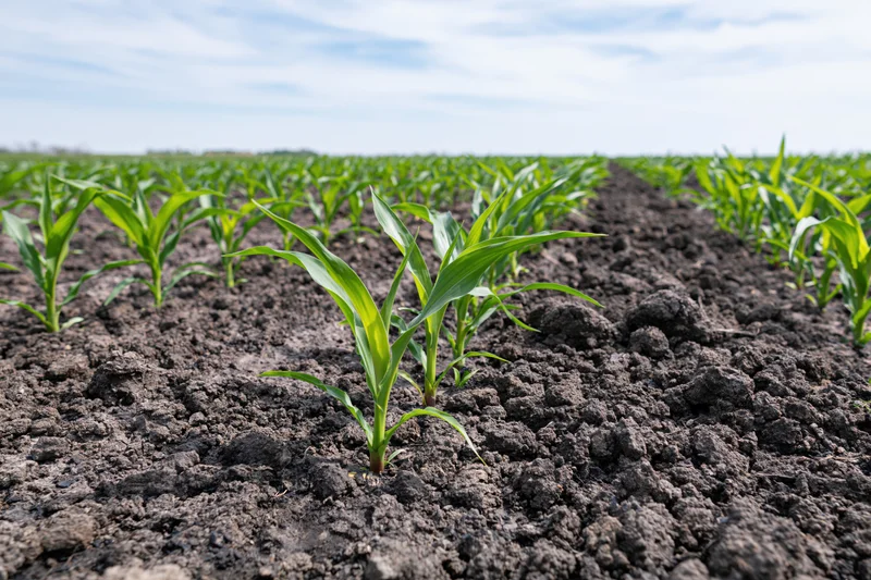 Young corn seedlings growing in rows across a tilled field under a partly cloudy sky