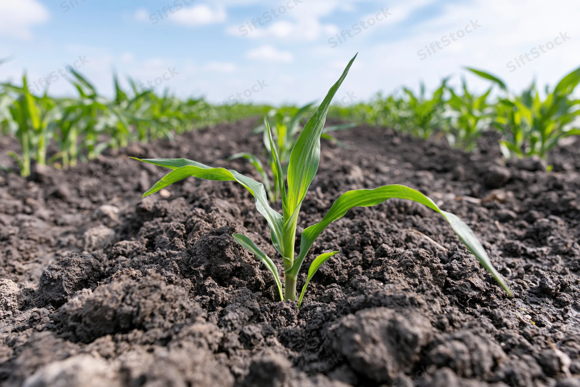 Young corn seedling emerging from dark soil in a field under a blue sky with clouds