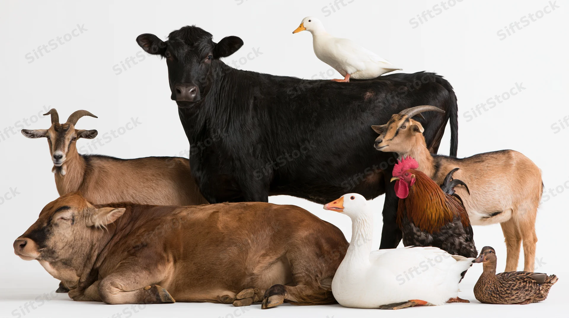 Group of farm animals including cows, goats, ducks and chickens gathered together on white background