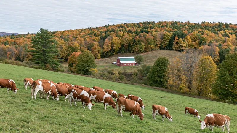 Herd of brown and white cattle grazing on a gently sloping green pasture with a red barn and autumn trees in the background