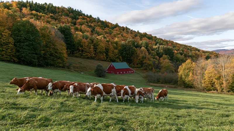 Herd of brown and white cattle grazing on a green pasture with a red barn and autumn trees on a hillside