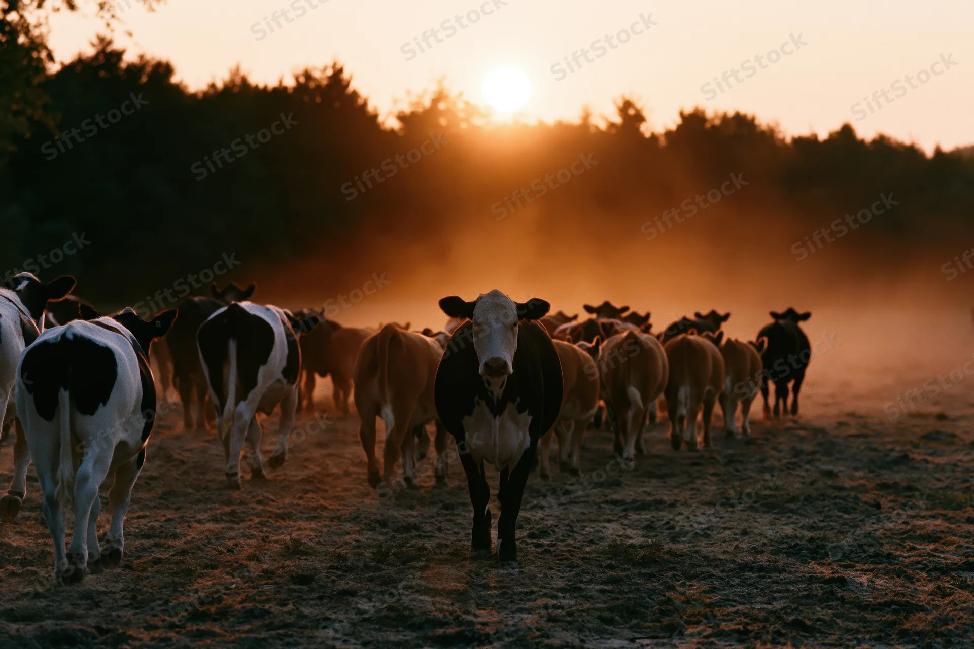Herd of cattle walking across a dusty pasture at sunset
