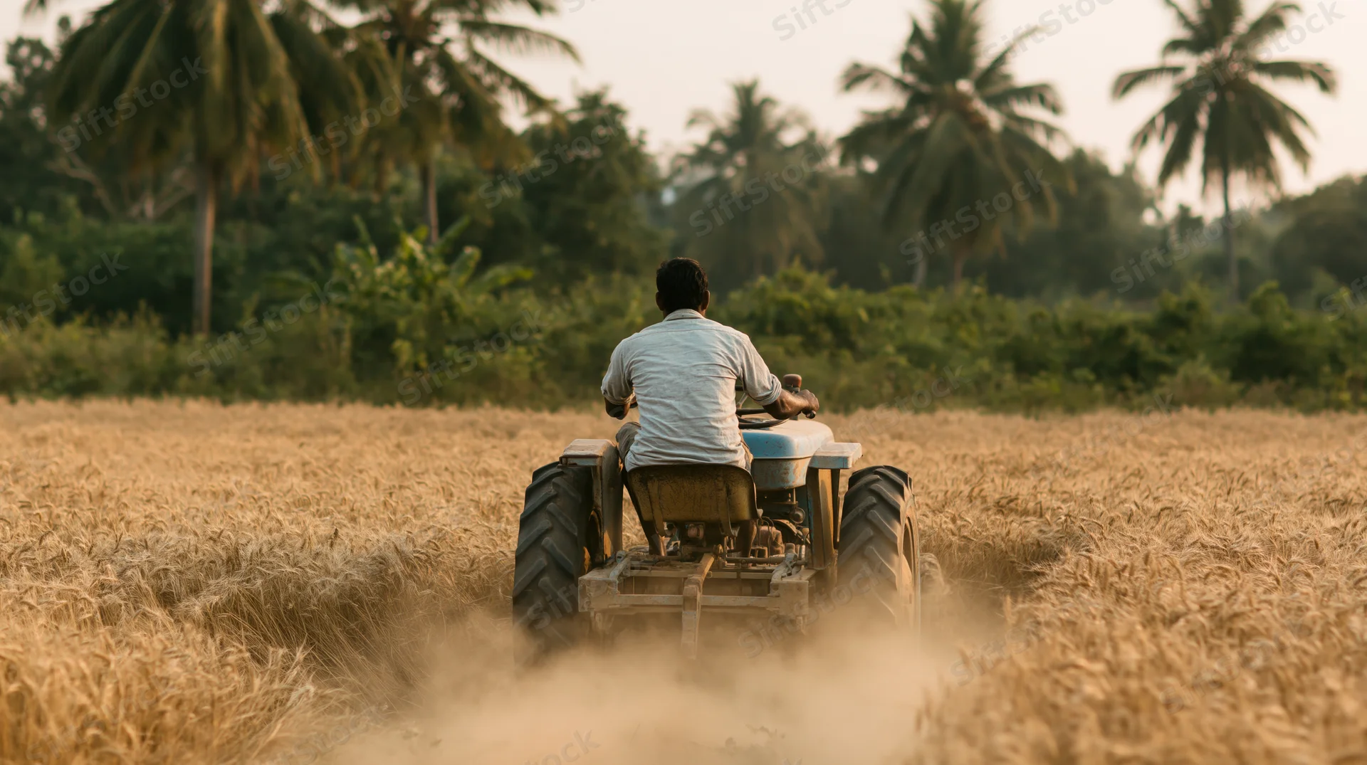 Indian farmer driving tractor through golden wheat field