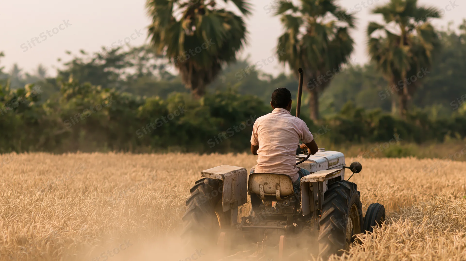 Indian farmer driving tractor through golden wheat field at harvest time