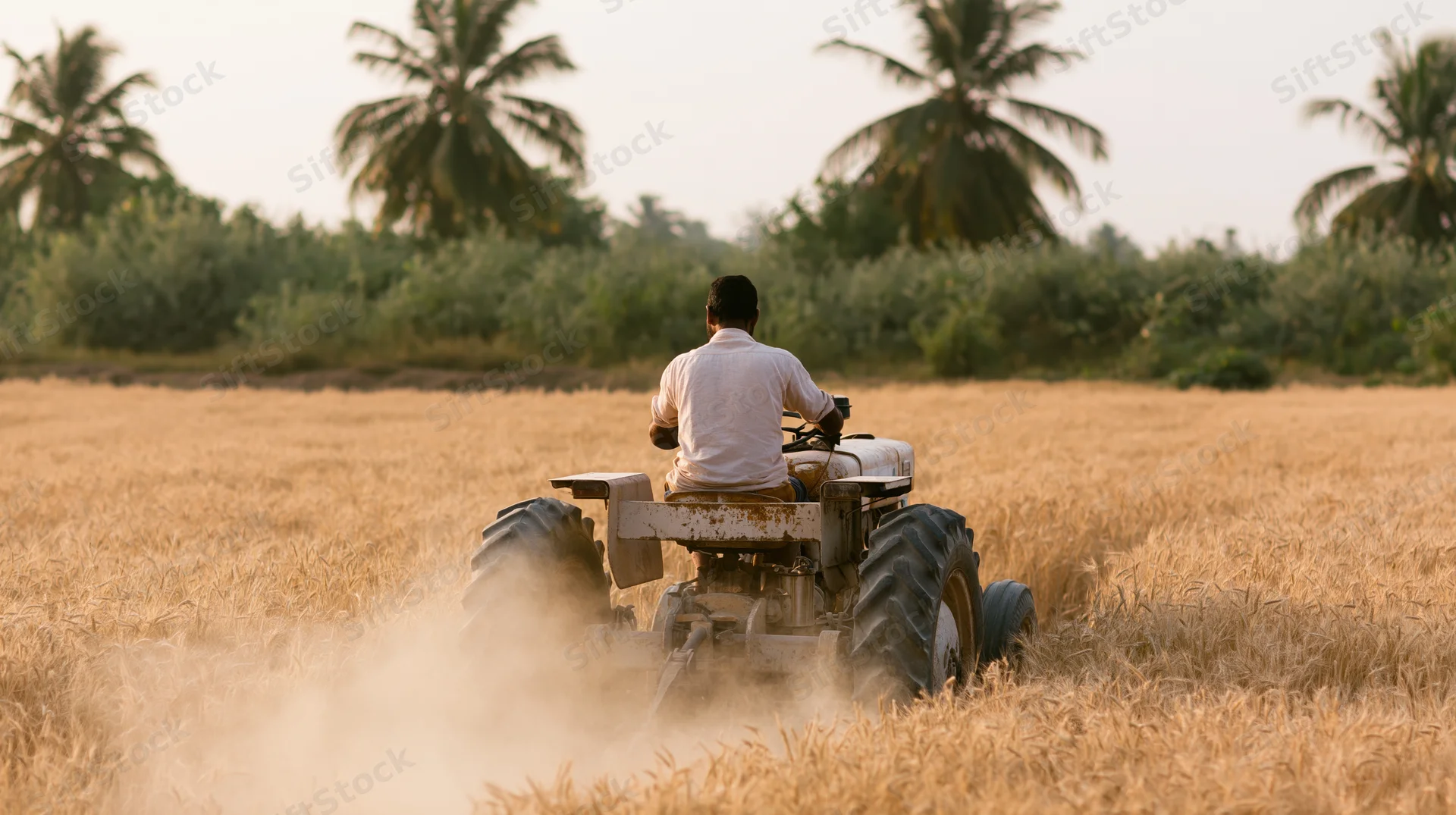 Indian farmer driving tractor through golden wheat field during harvest