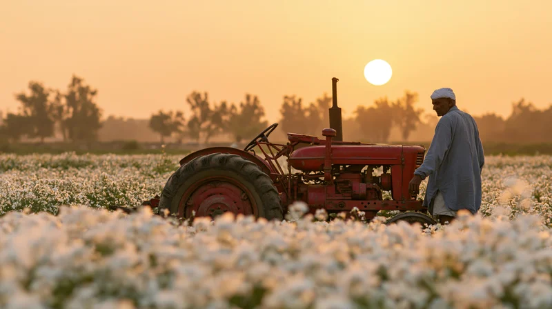 Indian farmer standing beside red vintage tractor in cotton field at sunset