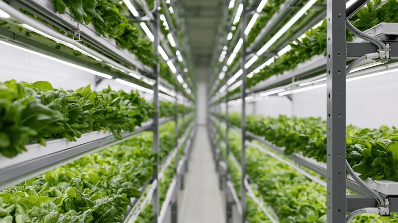 Rows of lettuce growing on metal shelves under led lights in a vertical farm aisle