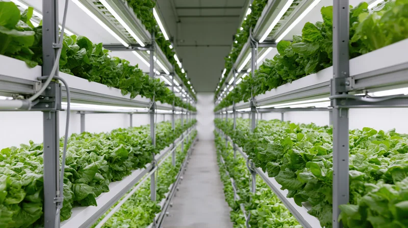 Rows of lettuce growing on metal shelves in a vertical farm aisle
