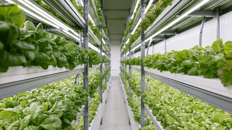 Rows of lettuce growing on metal shelves under grow lights in an indoor vertical farm aisle