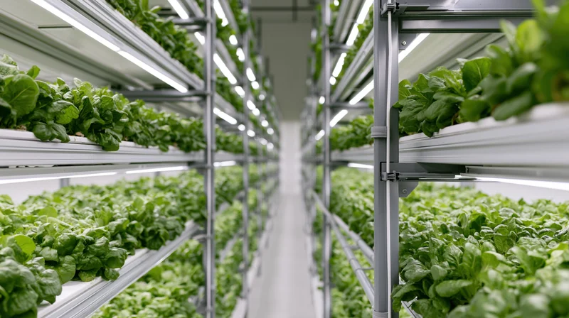 Rows of lettuce growing on metal shelves in a vertical farm aisle