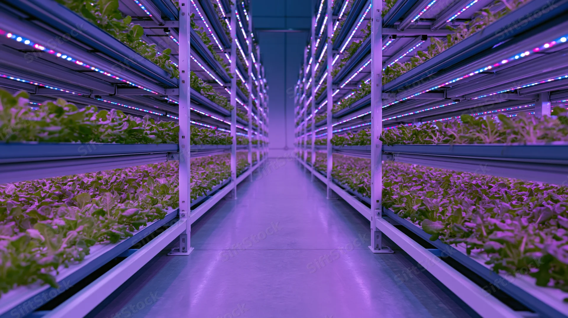 Corridor in indoor vertical farm with rows of leafy green crops under led grow lights