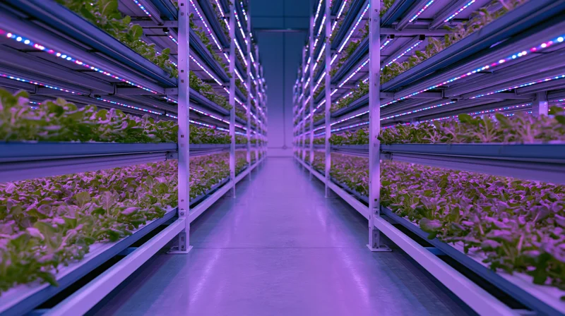 Corridor in indoor vertical farm with rows of leafy green crops under led grow lights