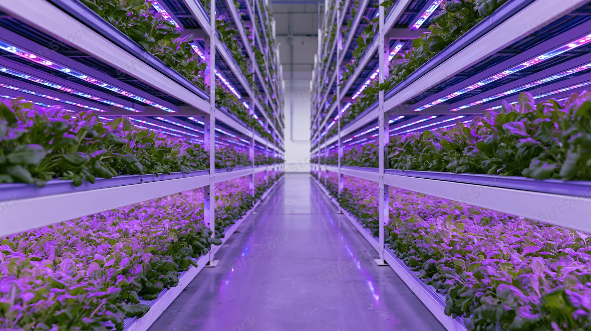 Rows of leafy green crops growing under purple led lights in a vertical farm corridor