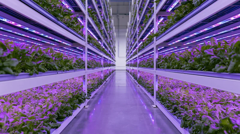 Rows of leafy green crops growing under purple led lights in a vertical farm corridor