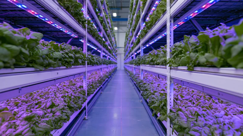 Rows of leafy green crops growing under led lights in a vertical farm corridor