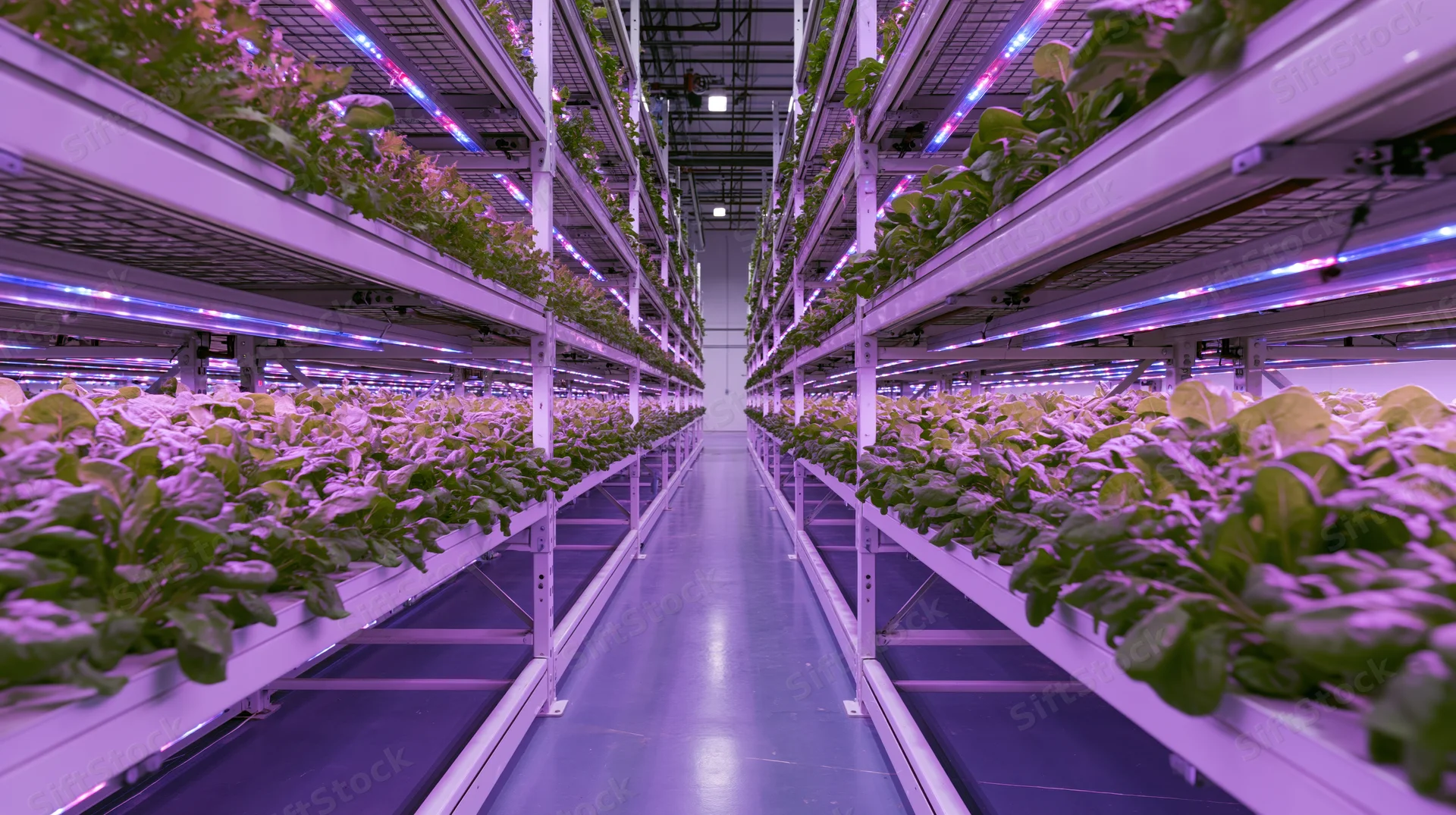 Rows of leafy green crops growing under purple led lights in a vertical farm corridor