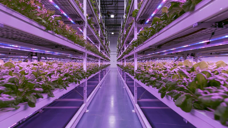 Rows of leafy green crops growing under purple led lights in a vertical farm corridor