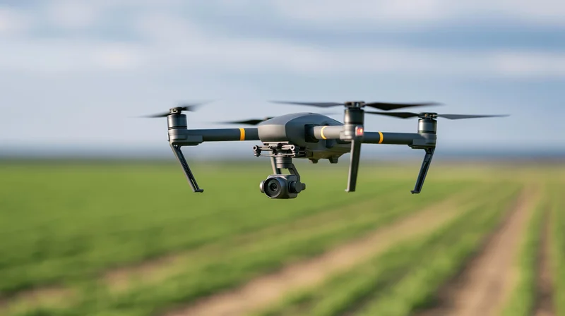 Industrial quadcopter drone hovering midair over green agr field