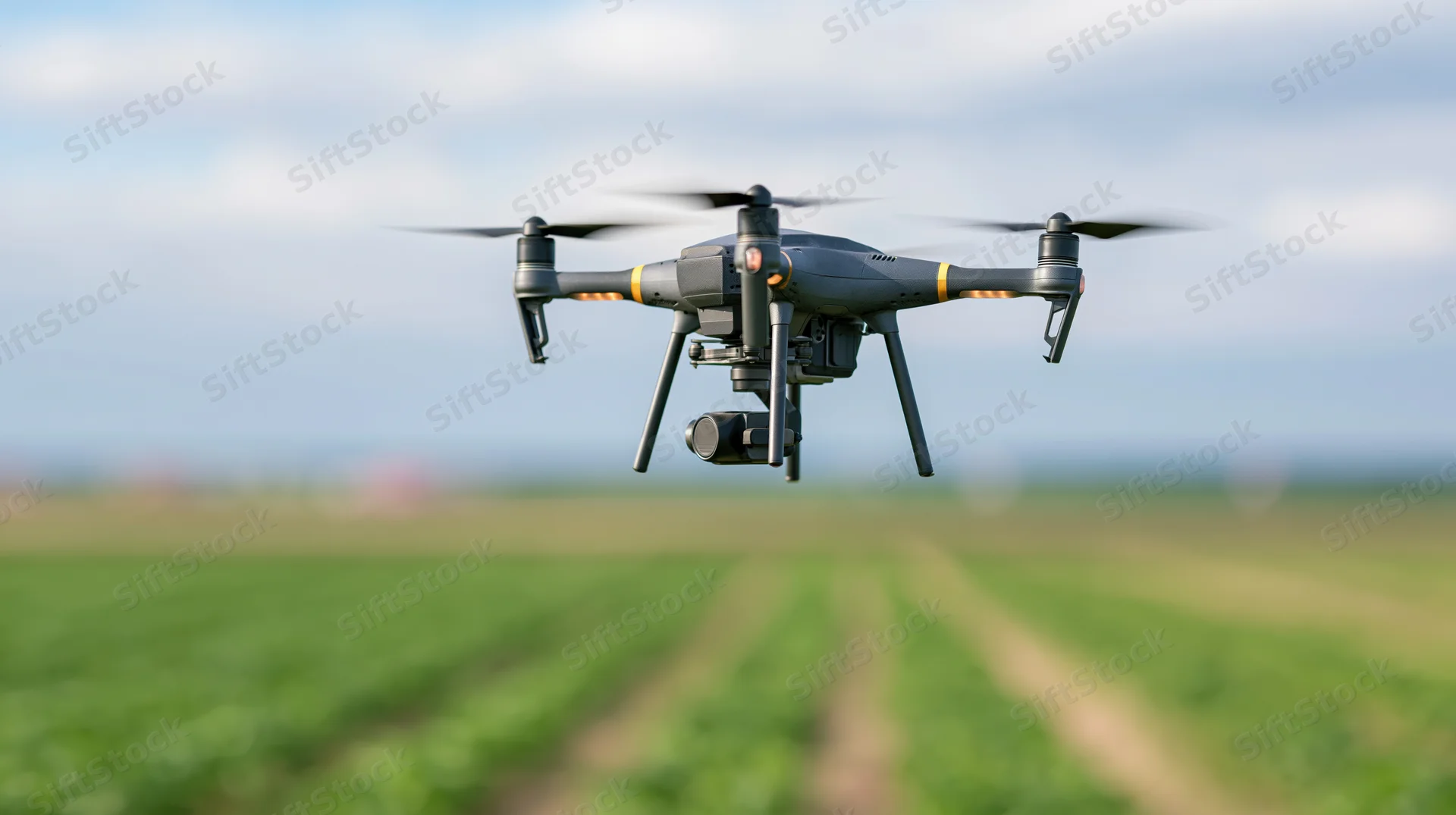 Industrial drone hovering over green agricultural field during daytime