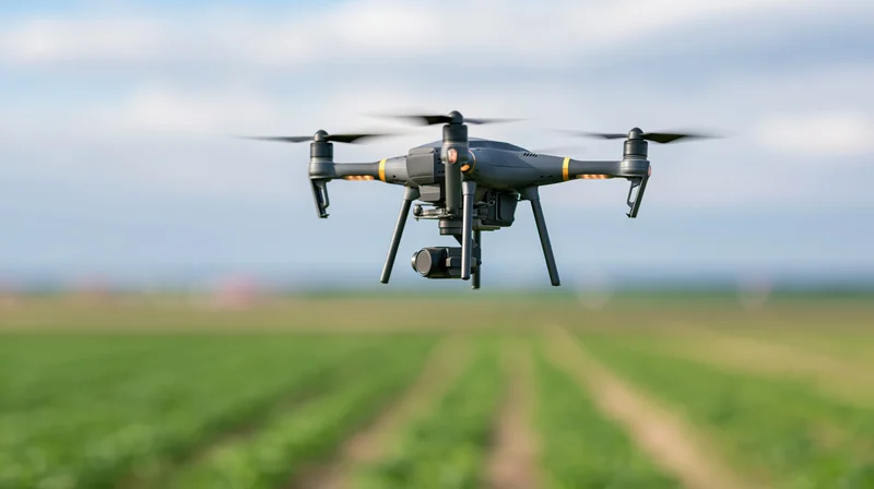 Industrial drone hovering over green agricultural field during daytime