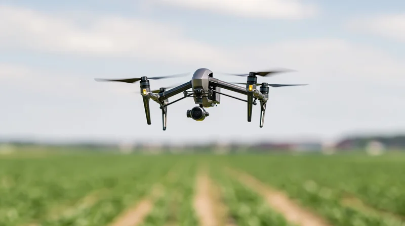 Industrial quadcopter drone hovering mid-air over agriculture