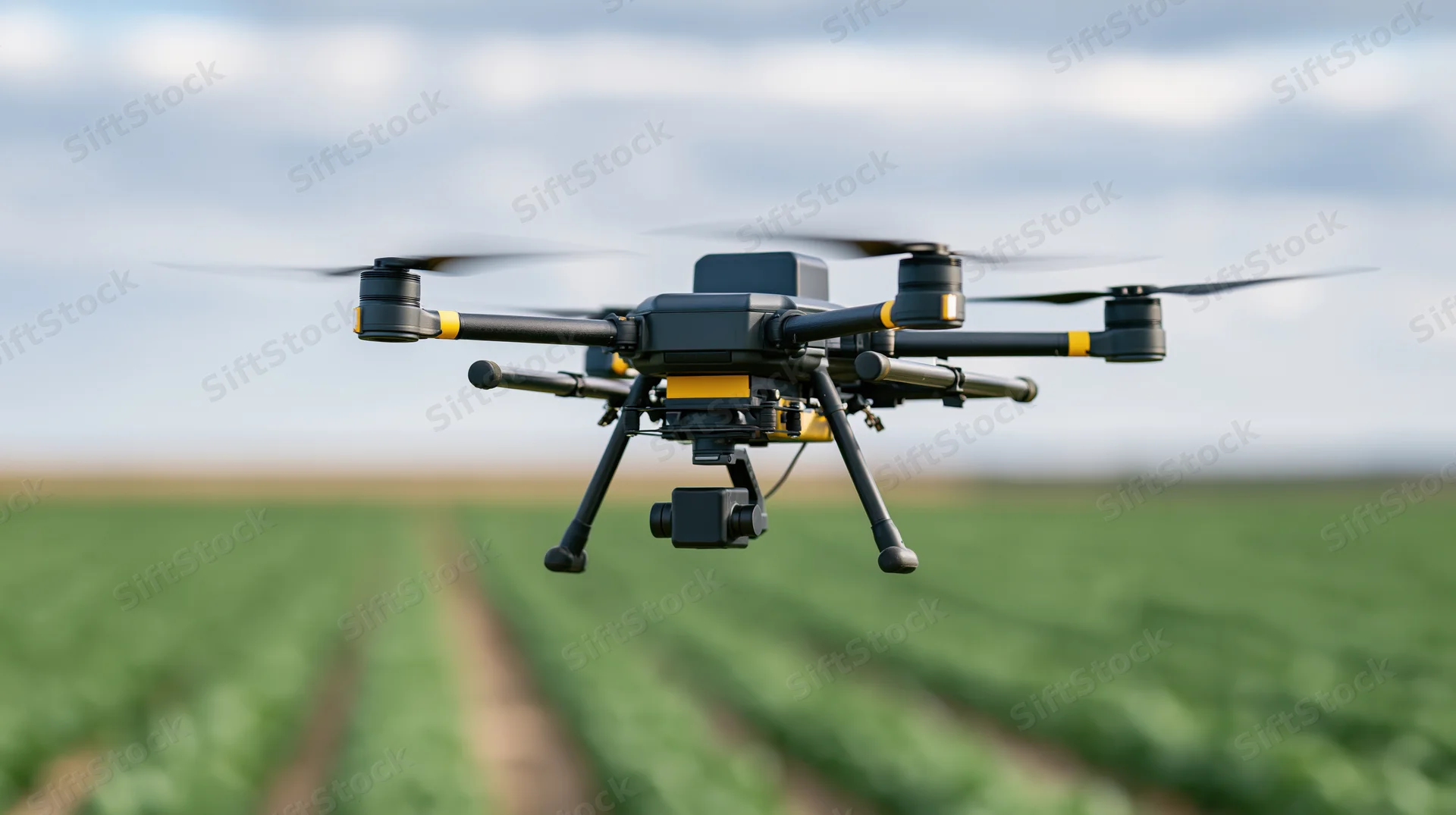 Industrial drone hovering over green crop field during daytime