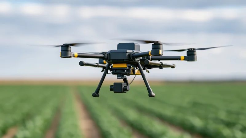Industrial drone hovering over green crop field during daytime