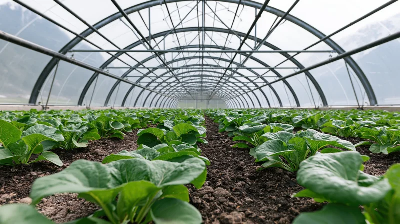 Rows of leafy green plants growing in soil inside a large arched greenhouse structure