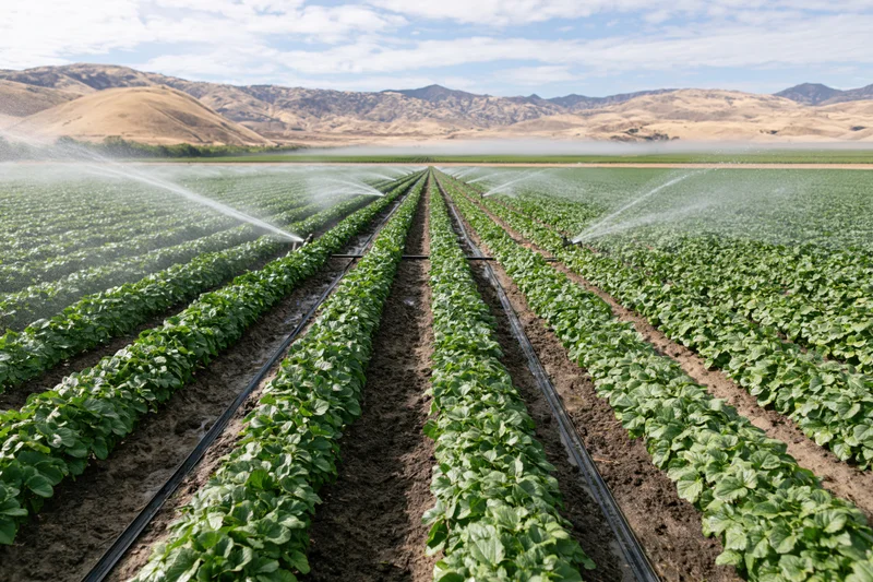 Irrigated crop rows stretching toward distant mountains in a california valley