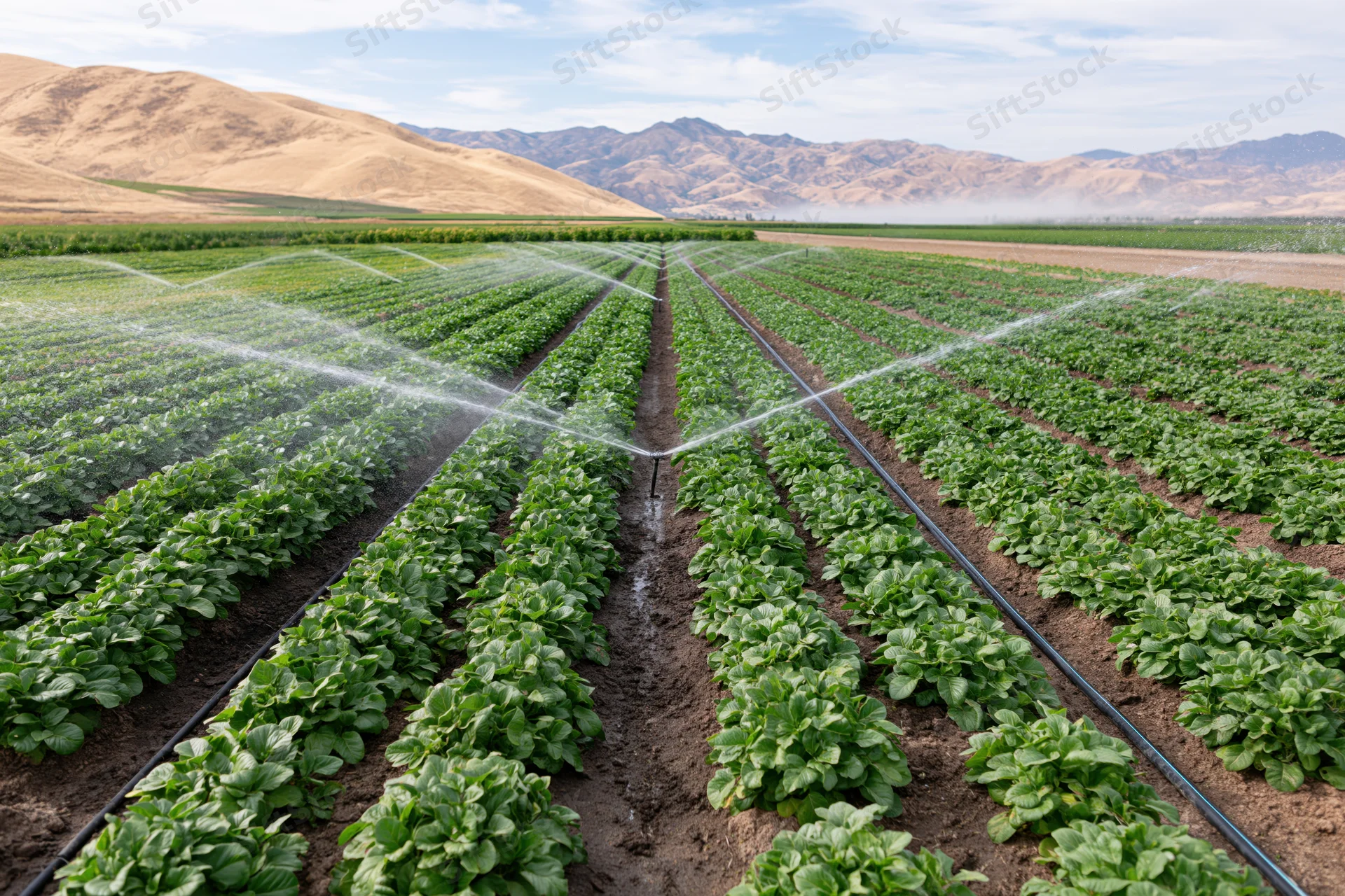 Rows of lettuce being watered by sprinklers in a California farm field with mountains in the background