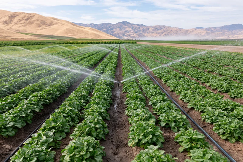 Rows of lettuce being watered by sprinklers in a California farm field with mountains in the background