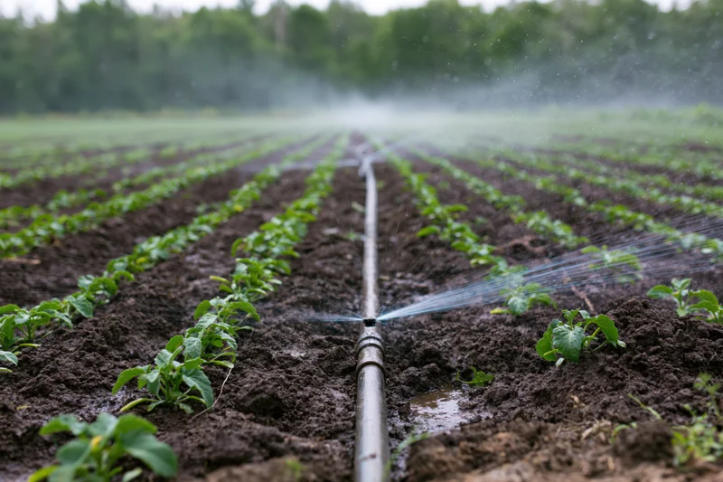 Irrigation sprinkler system spraying water across rows of young plants in a farm field