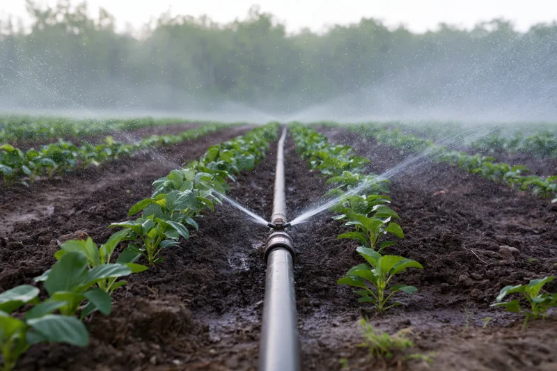 Irrigation sprinkler system spraying water across rows of young plants in a farm field