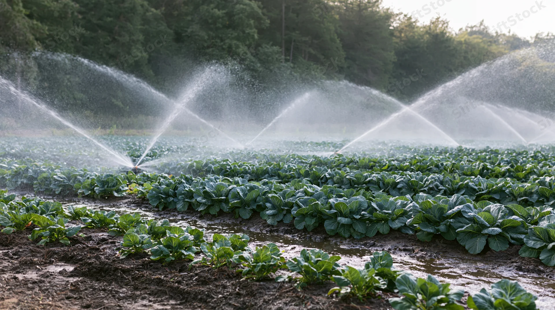 Irrigation sprinklers spraying water over rows of cabbage in a farm field
